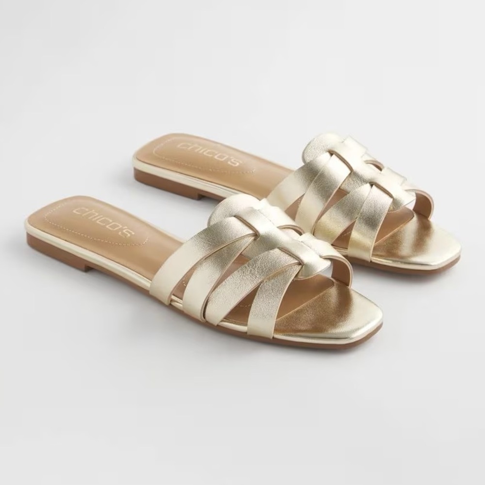 New Leather Cassidy Cross-Strap Slide Shoes in Gold Size 8.5